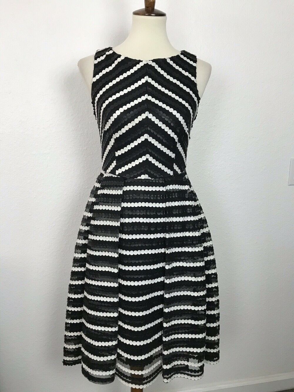Eva by Eva Franco Fit Flare Dress Textured Striped Vegan Leather Party Old Money